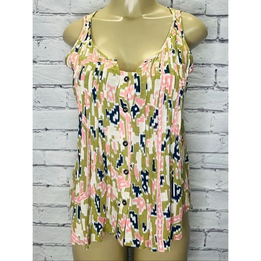 Anthropologie Maeve Womens Green Pink Soana Ikat Pleated Swing Tank Top Size 0